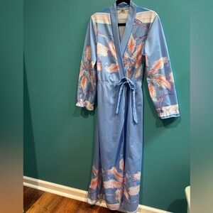 Vintage Floral Blue Long Sleeve Wrap Robe Cover Up